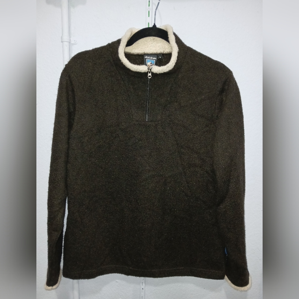 KUHL Ladies MEDIUM brown alpaca fleece 1/4 zip pullover